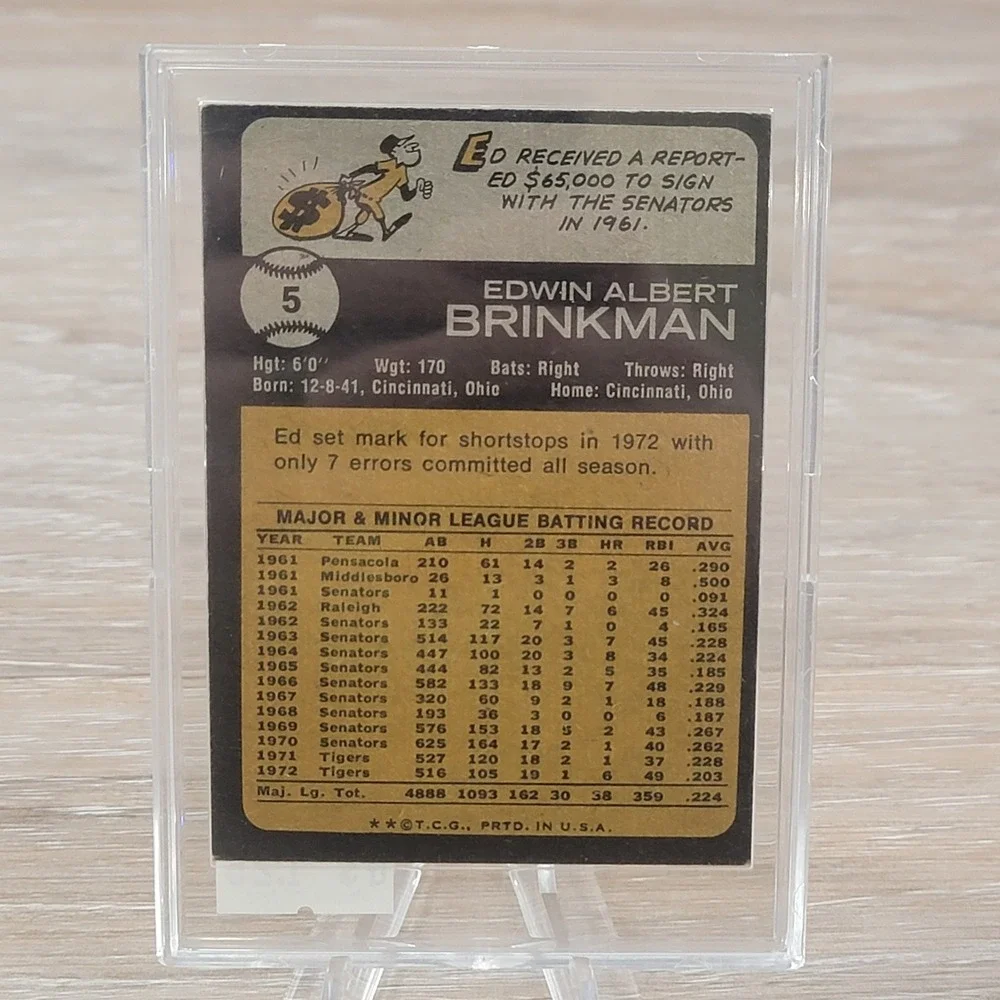Ed Brinkman Detroit Tigers 1972 Topps Baseball Card Autographed